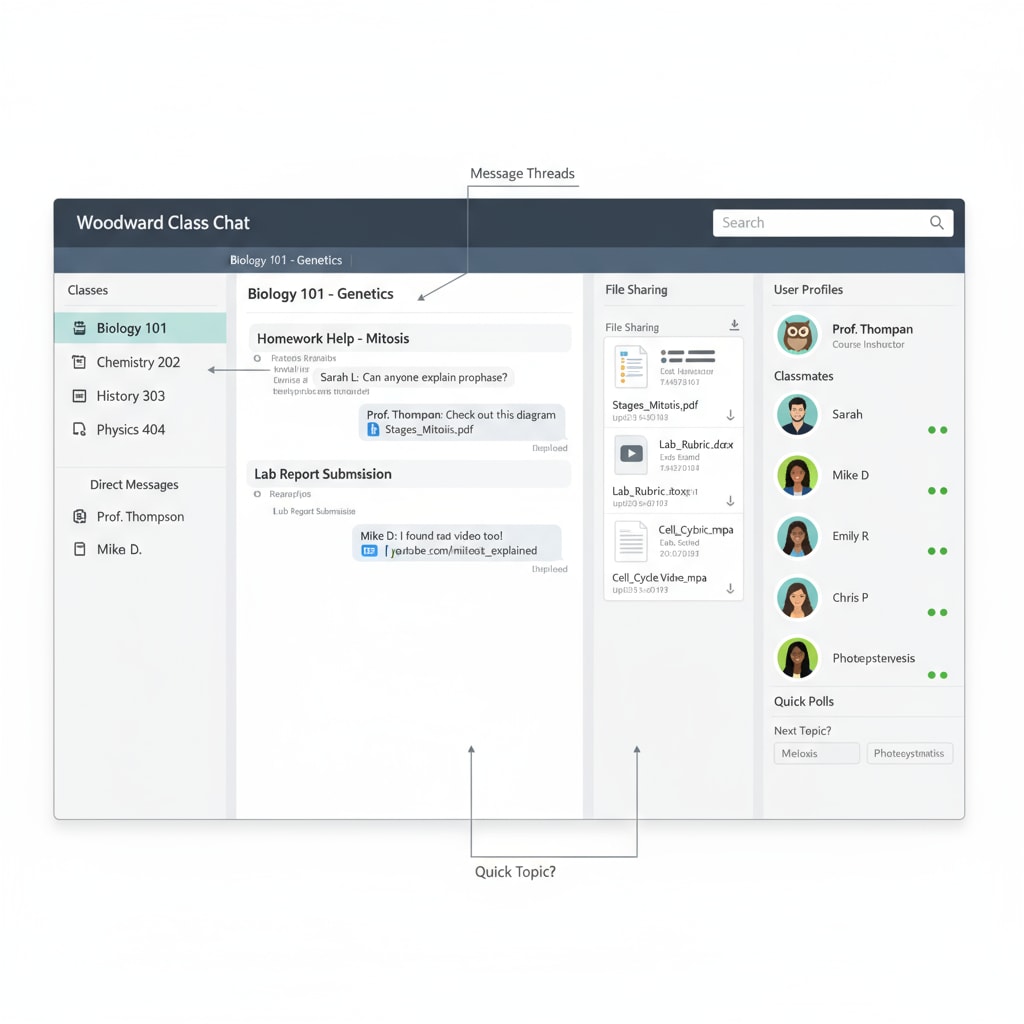 A screenshot of the Woodward class chat platform interface showing various features like message threads, file sharing options, and user profiles Woodward class chat platform interface with features for student communication