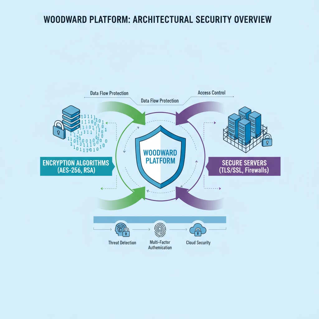 A diagram highlighting the security features of the Woodward platform, such as encryption algorithms and secure servers Diagram of Woodward platform's security features for safe student communication