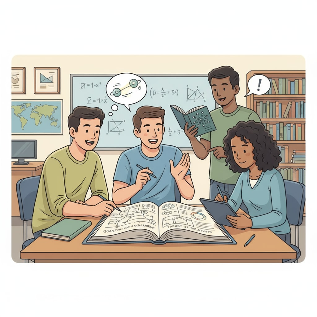 A group of students are having an animated discussion about various theoretical concepts in a classroom setting. Some are pointing at textbooks, while others are jotting down notes. Students discussing theoretical concepts in a classroom related to theoretical learning, attention deficits, and practical learning