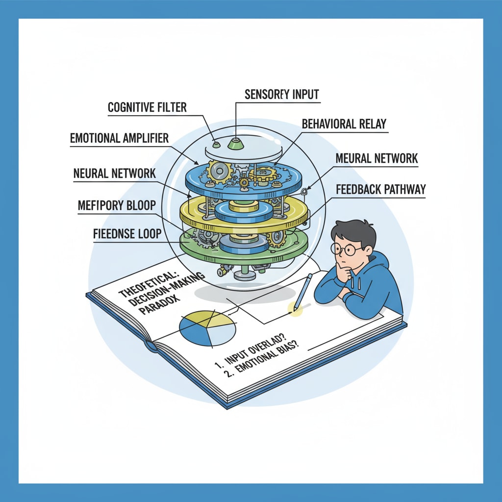 A student is carefully examining a model, trying to figure out how it relates to a theoretical problem. The model has various components labeled with relevant concepts. A student using a model to understand a theoretical problem in the context of theoretical learning, attention deficits, and practical learning