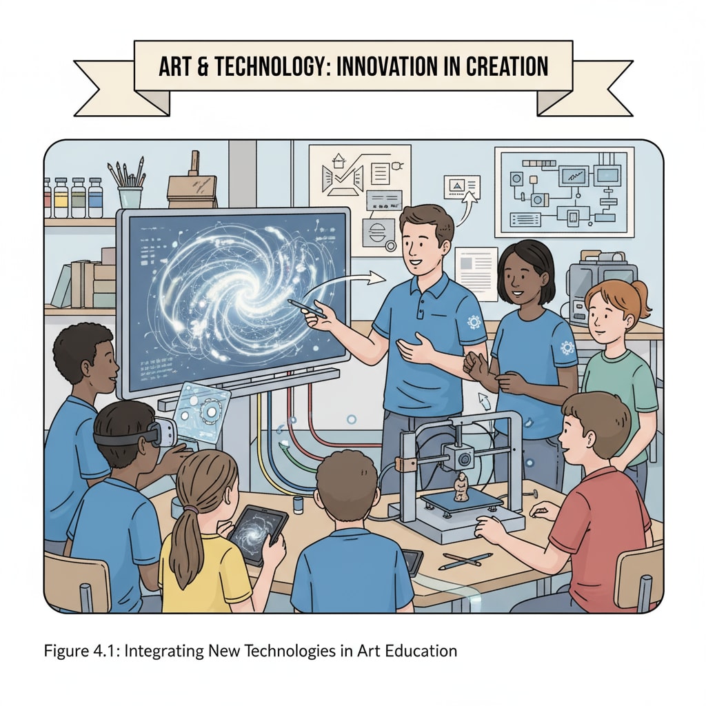 A group of students in an art class are receiving guidance from technology team members, who are showing them how to use new art equipment. School district technology team members providing support in an art class for K12 students