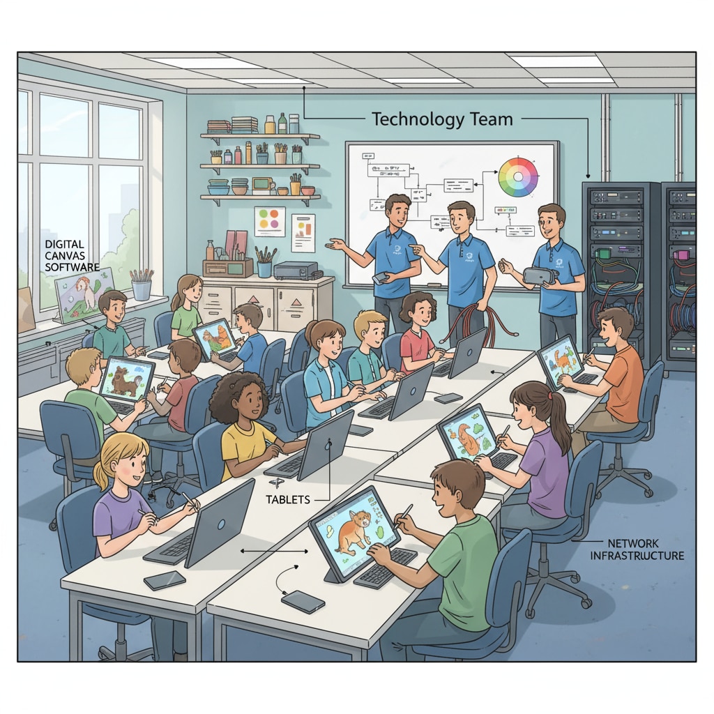 Students are actively using digital art software in an art classroom, with the technology team's assistance in the background. K12 students engaged in digital art creation with support from school district technology team