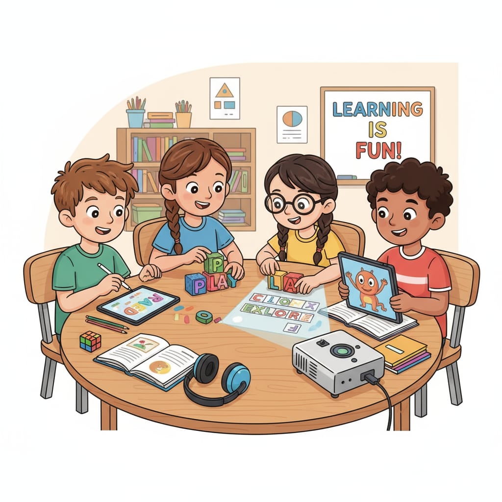 A group of ADHD children are sitting around a table, using educational tools such as tablets and letter blocks to learn spelling. They are showing great focus and interest. ADHD children engaged in spelling learning with personalized tools to enhance concentration