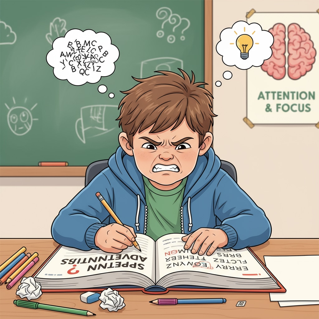 A single child with ADHD is sitting at a desk, looking frustrated as they try to spell words from a textbook. The open book shows some misspelled words. A frustrated ADHD child during spelling learning highlighting the need for better tools for concentration