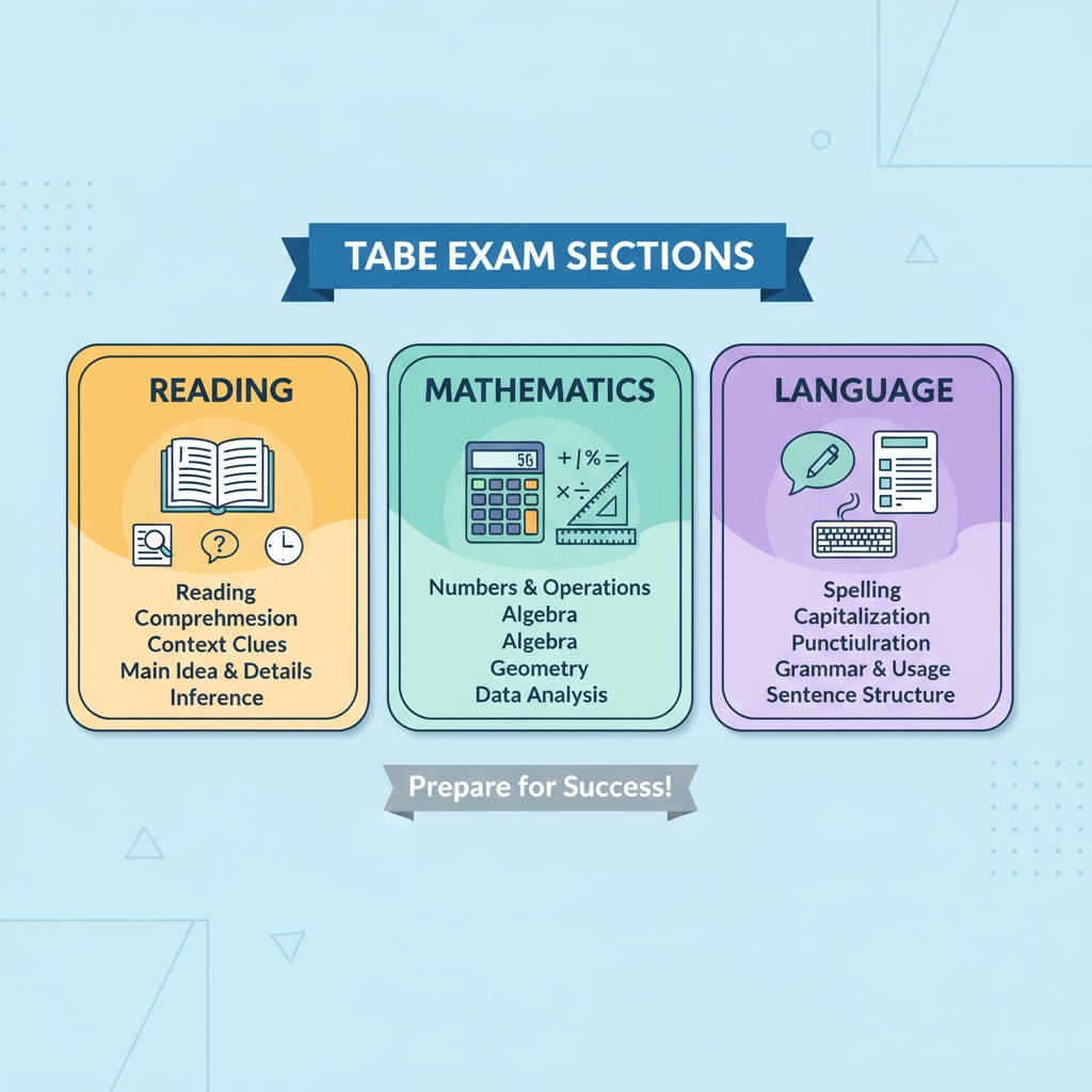 An illustration showing the different sections of the TABE exam, including reading, mathematics, and language. TABE exam sections illustration for EMT training and firefighter career preparation