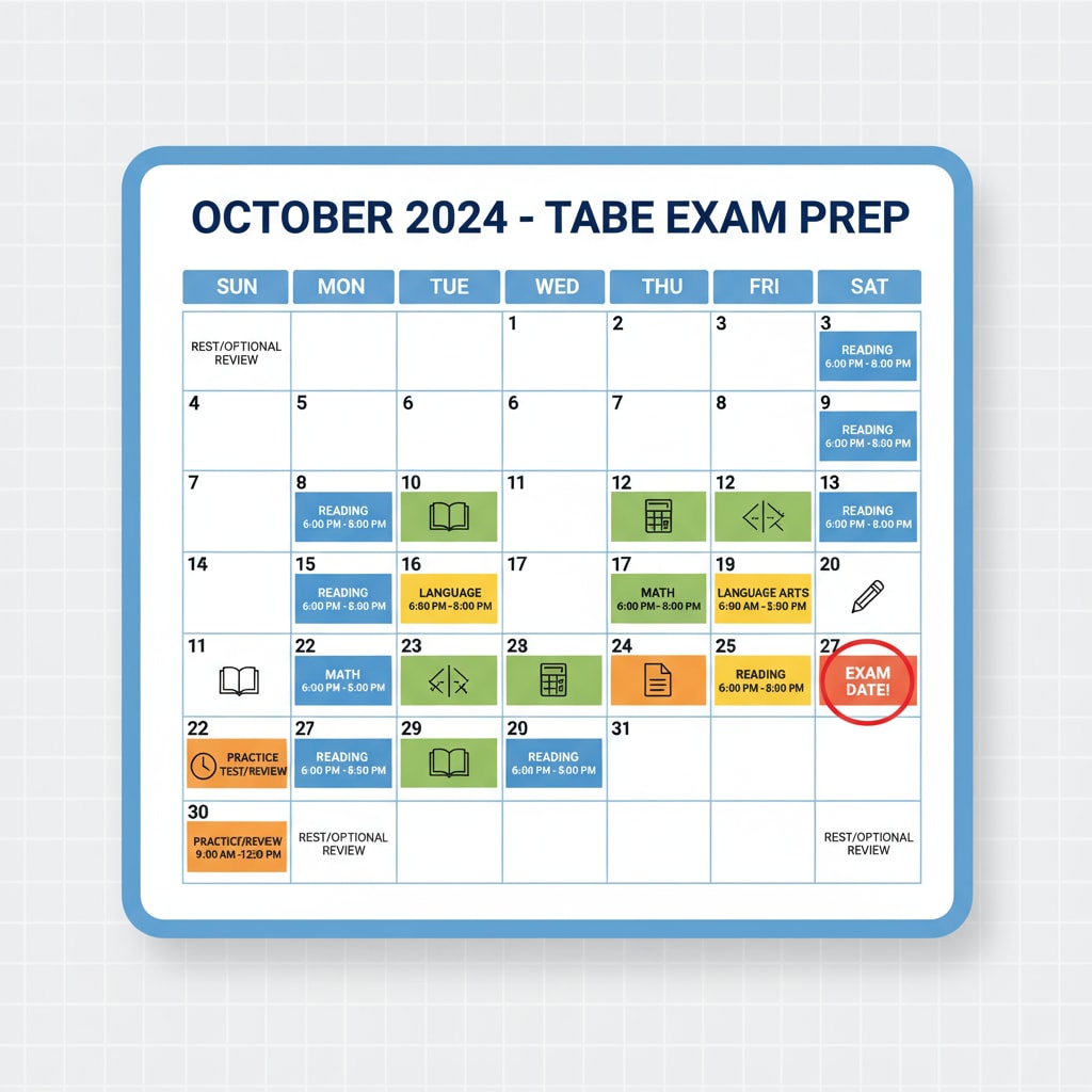 A calendar with study plan entries for TABE exam preparation, highlighting dedicated study times for each subject. Study plan calendar for TABE exams related to EMT training and firefighter aspiration