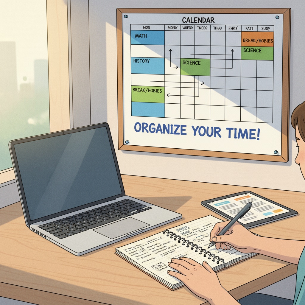 A student is sitting at a desk. There is a laptop open, and the student is taking notes. On the wall, there is a calendar with a detailed study schedule marked. This setup shows how a student can organize their study time. A student using a study schedule for baccalauréat exam preparation, highlighting time management skills.