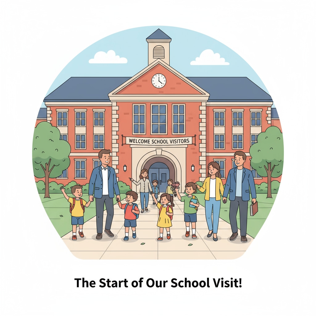 A group of parents and children are walking towards the entrance of a public school, showing the start of a school visit. Parents and children visiting a public school for educational choice