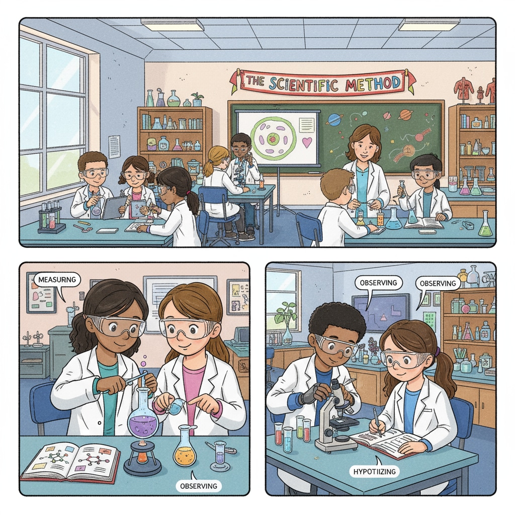 Inside a public school science class, students are actively conducting experiments, demonstrating the learning environment. Students learning in a public school science class during an educational visit