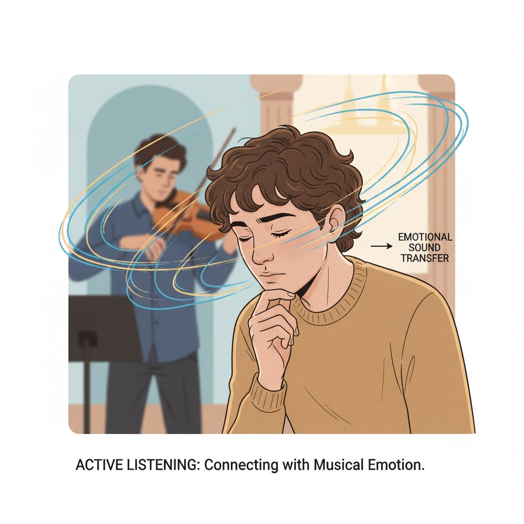 A person is shown listening intently to a violin performance, with a focused expression on their face, highlighting the connection between the listener and the emotional sound of the violin. A person listening intently to a violin performance, emphasizing the potential misinterpretation of the violin's sound as crying.