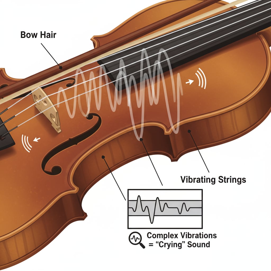 A close-up view of a violin's strings being played, showing the details of the strings vibrating, which contributes to the unique sound production that can resemble crying. A close-up of a violin's strings being played, demonstrating the acoustic elements that lead to the similarity between violin sounds and crying.