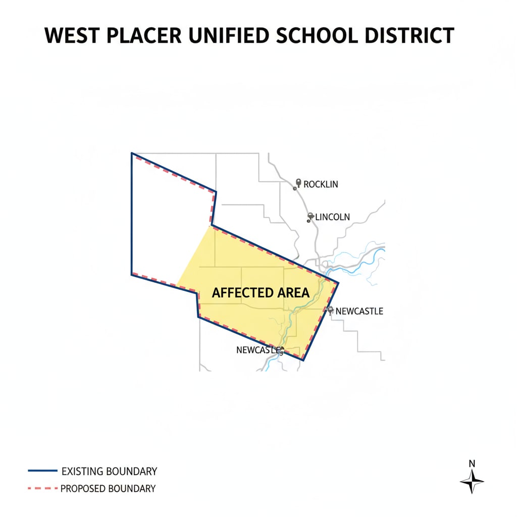 A visual representation of the existing and proposed boundaries of the West Placer Unified School District, highlighting the areas that would be affected by the redrawing. Map showing WPUSD boundary redrawing proposal