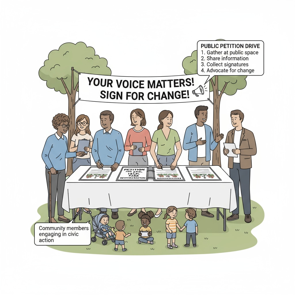 A scene of community members gathering at a public place to hold a petition-signing event, with people signing the petition and discussing the issue. Community members holding a WPUSD boundary redrawing petition-signing event