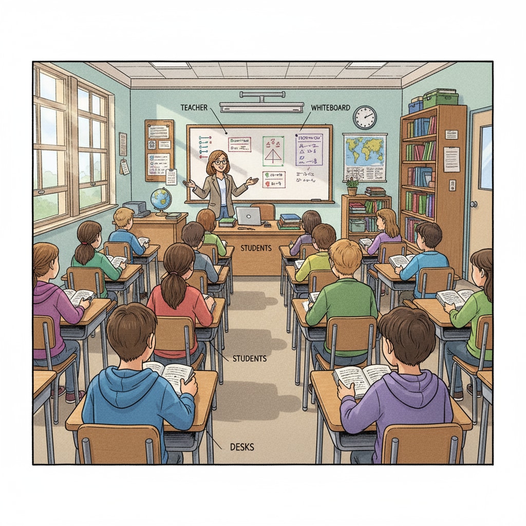 A classroom scene with students listening attentively to the teacher, representing the traditional high school learning environment. Traditional high school classroom scene related to diplomas, GED, high school education, and educational choices
