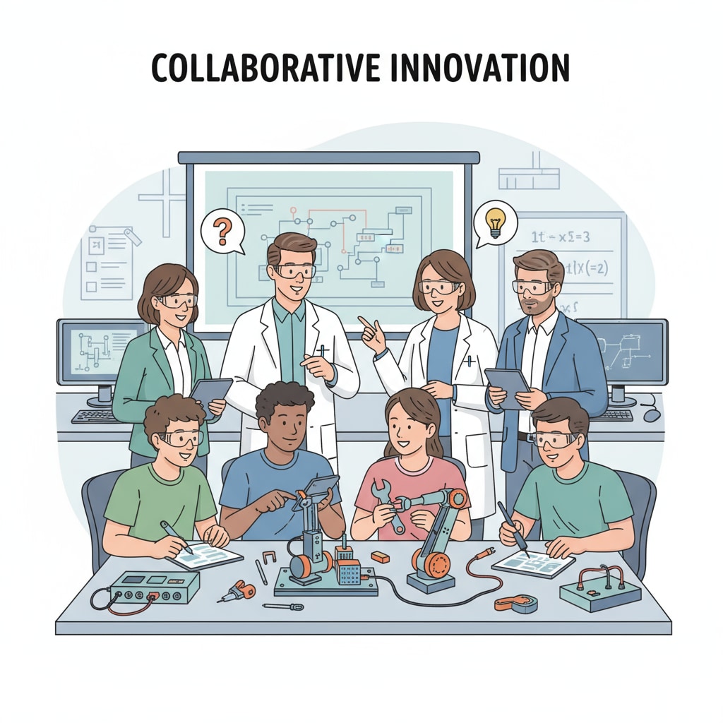 A group of students, teachers, and industry professionals collaborating on a STEM project. The students are actively participating, asking questions, and working together with the adults to solve problems related to the project. A collaborative scene in STEM education involving students, teachers, and industry professionals for curriculum development and learning.