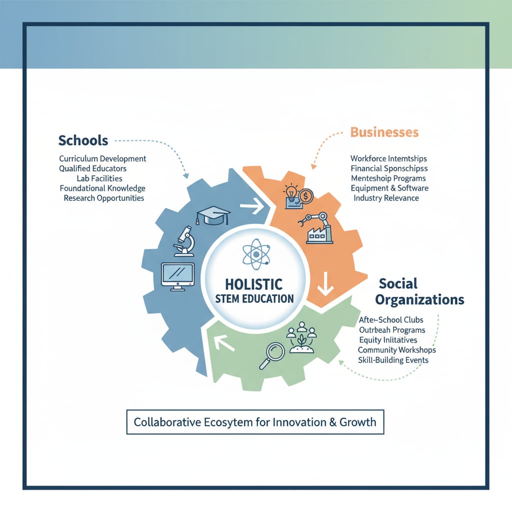 An infographic presenting the different contributions of schools, businesses, and social organizations to STEM education. It uses colors and icons to clearly show how each entity brings unique resources and support. Infographic showing the contributions of various parties to STEM education partnerships and curriculum development.