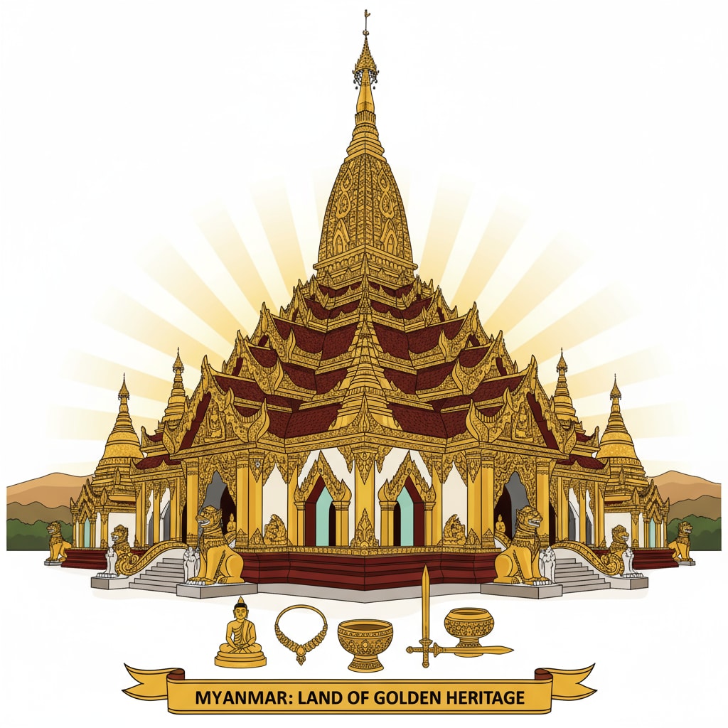 A traditional Myanmar temple with golden adornments showcasing the country's rich cultural and gold-related heritage A traditional Myanmar temple highlighting the country's cultural and gold connection