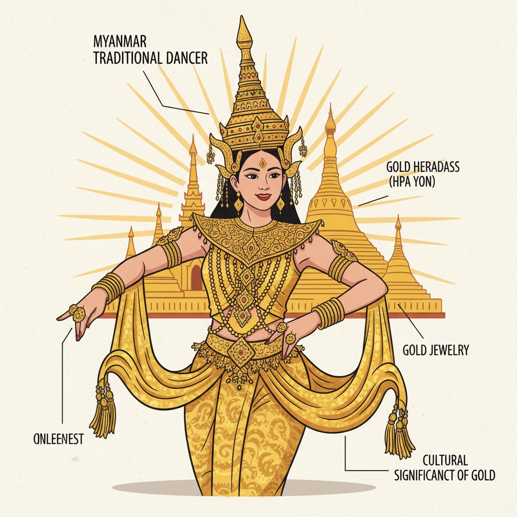 A traditional Myanmar dancer wearing gold jewelry, representing the cultural significance of gold in the country A traditional Myanmar dancer with gold jewelry showing the cultural importance of gold