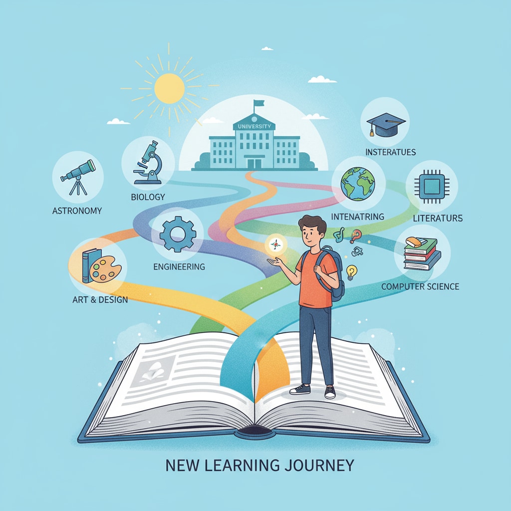 A visual representation of a student exploring different academic paths, symbolizing the start of a new learning journey. A student exploring academic paths for learning ability enhancement and personal growth