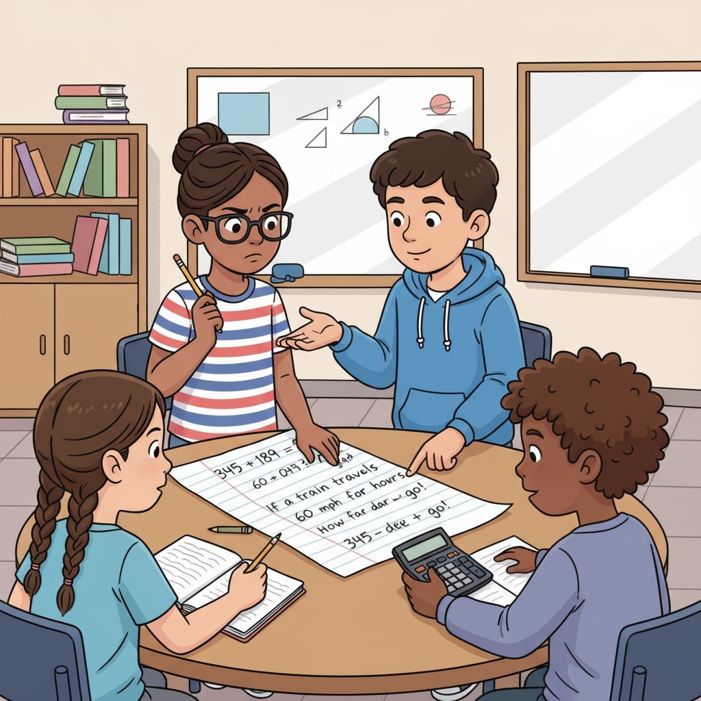A group of fourth graders sitting around a table, passionately discussing math problems written on a piece of paper. Fourth graders engaged in a mathematical discussion about negative numbers