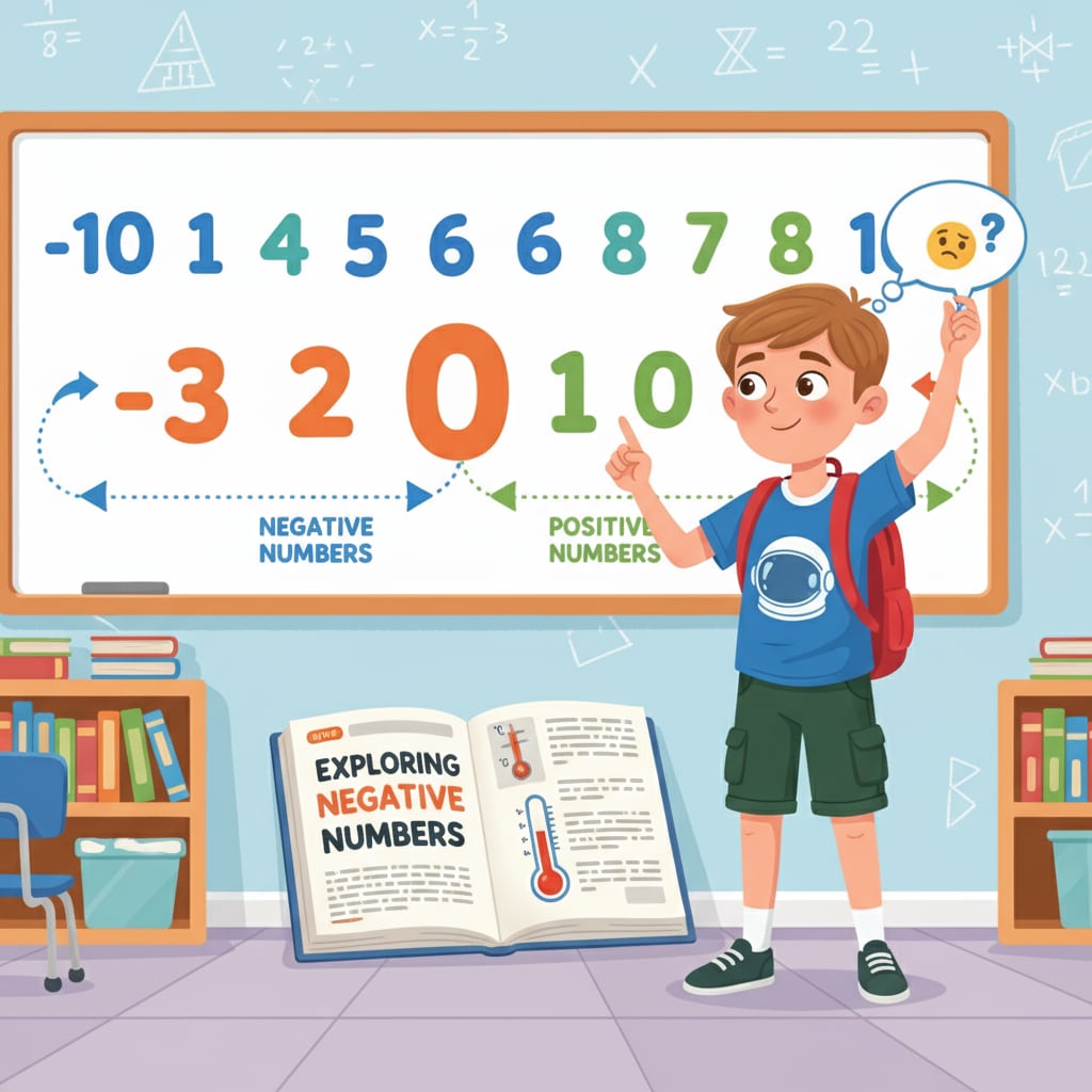 A fourth grader standing in front of a large number line, pointing at numbers and trying to understand the concept of negative numbers. Fourth grader using a number line to understand negative numbers