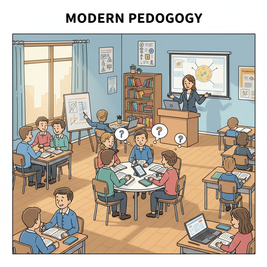 A classroom with students participating in a combination of traditional lectures and group discussions, representing the blend of teaching methods. Classroom scene demonstrating the Blended Teaching Cycle Theory, Instruction, Guidance, and Educational Model