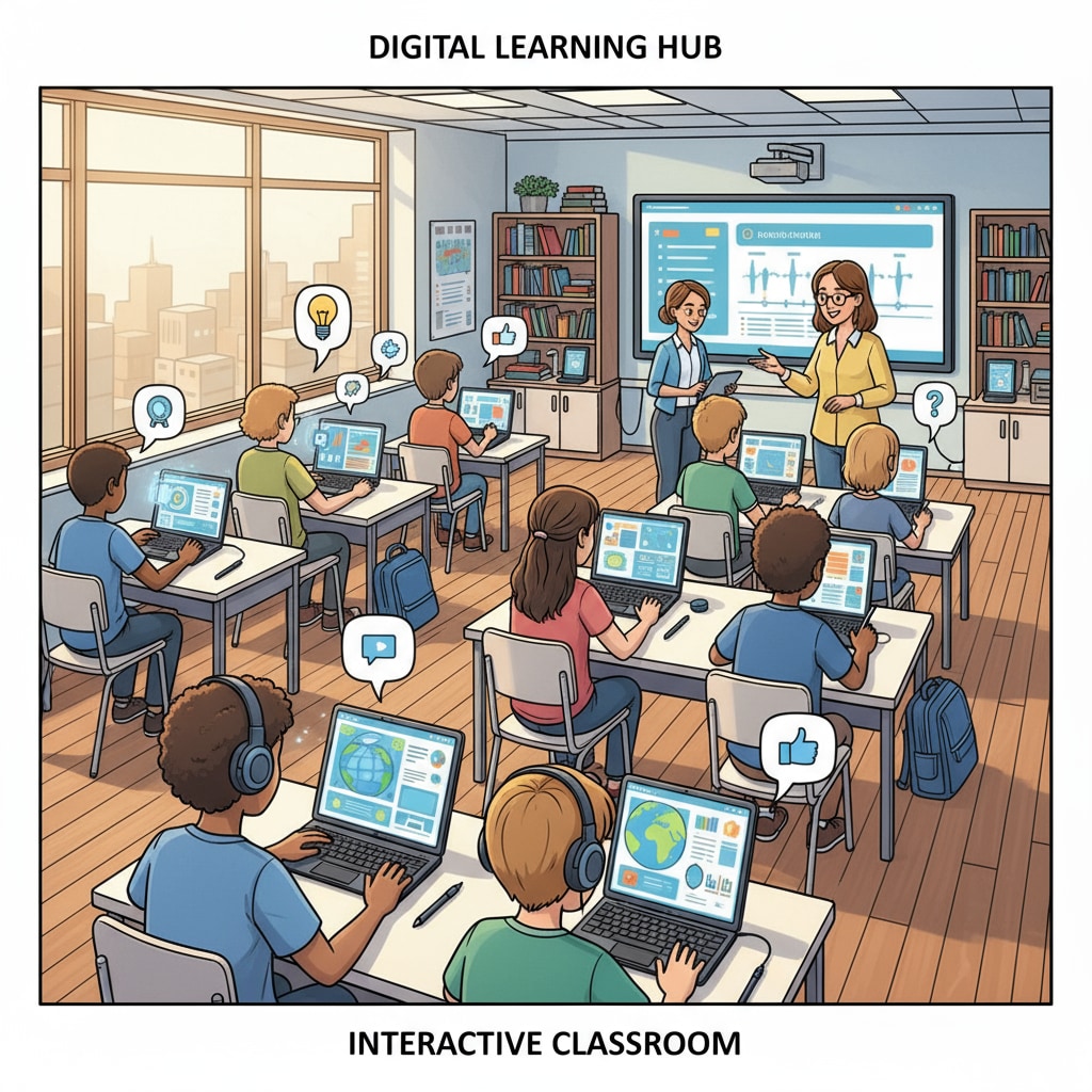 A classroom filled with students actively using digital devices such as tablets and laptops to engage in learning activities. Students using educational technology for classroom learning and engagement