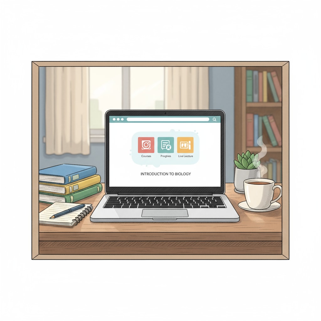 A student is sitting at a neatly arranged desk, with a laptop open showing an online learning interface. The surrounding area is quiet and free of distractions. A student focused on online learning in an organized environment related to productivity and mental health