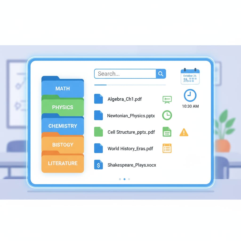 A digital screen displays a clean desktop with folders labeled for different study subjects, and files are neatly arranged. An organized digital workspace for online learning to enhance productivity and avoid procrastination