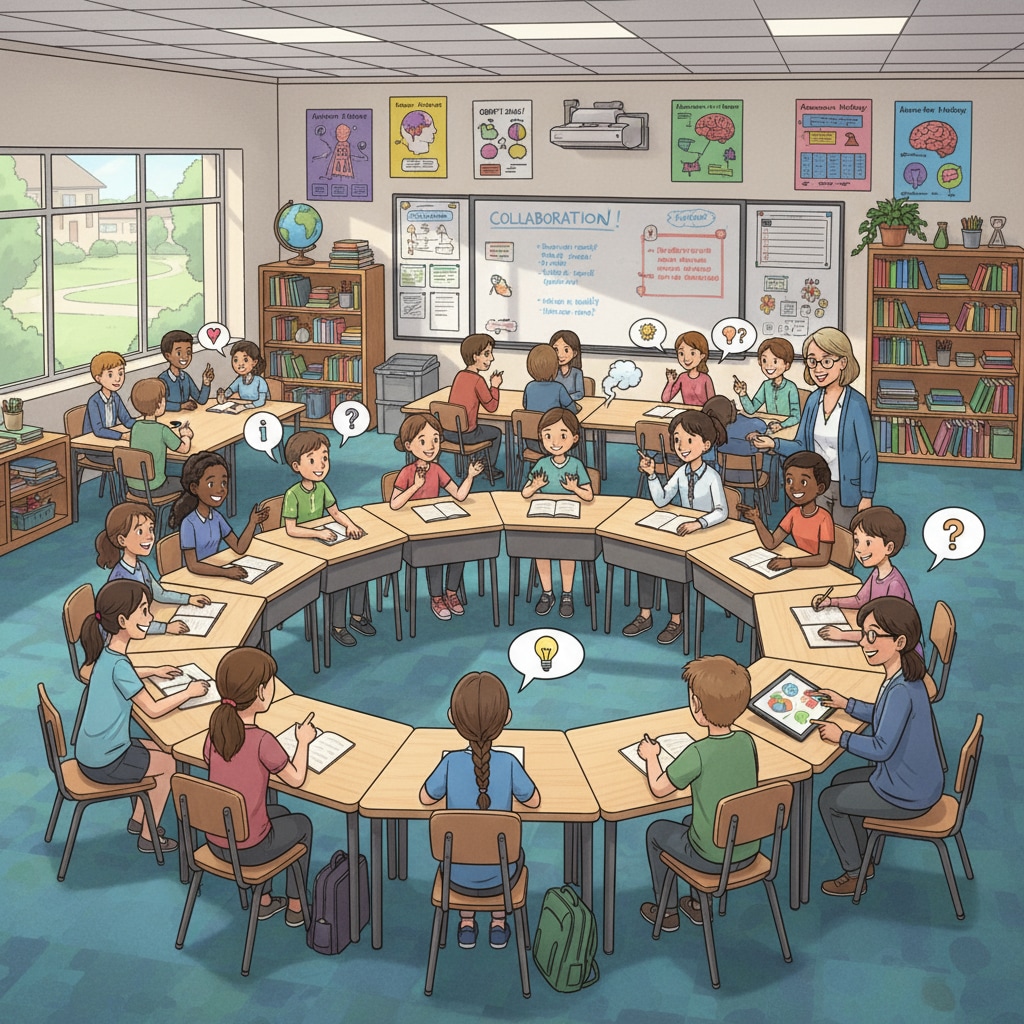 A classroom scene in an American school where students are actively engaged in group discussions, with desks arranged in a circular pattern, and the teacher walking around to guide. American classroom scene promoting interactive learning in the education system