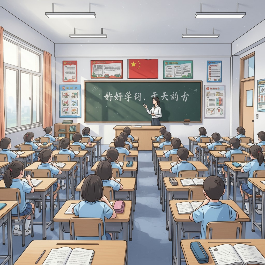 A Chinese classroom with rows of neatly arranged desks and chairs. Students are sitting upright, listening intently to the teacher who is writing on the blackboard. Chinese classroom with teacher-centered instruction in the education system