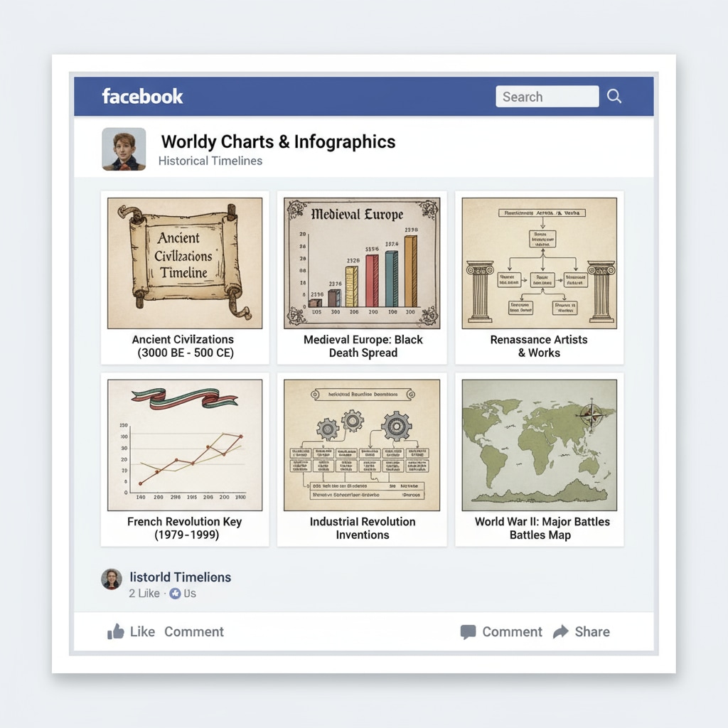 A screenshot展示了Facebook页面上有各种历史图表的预览,包括不同历史时期的时间线图表等。 Screenshot of Facebook page with historical chart previews for resource finding