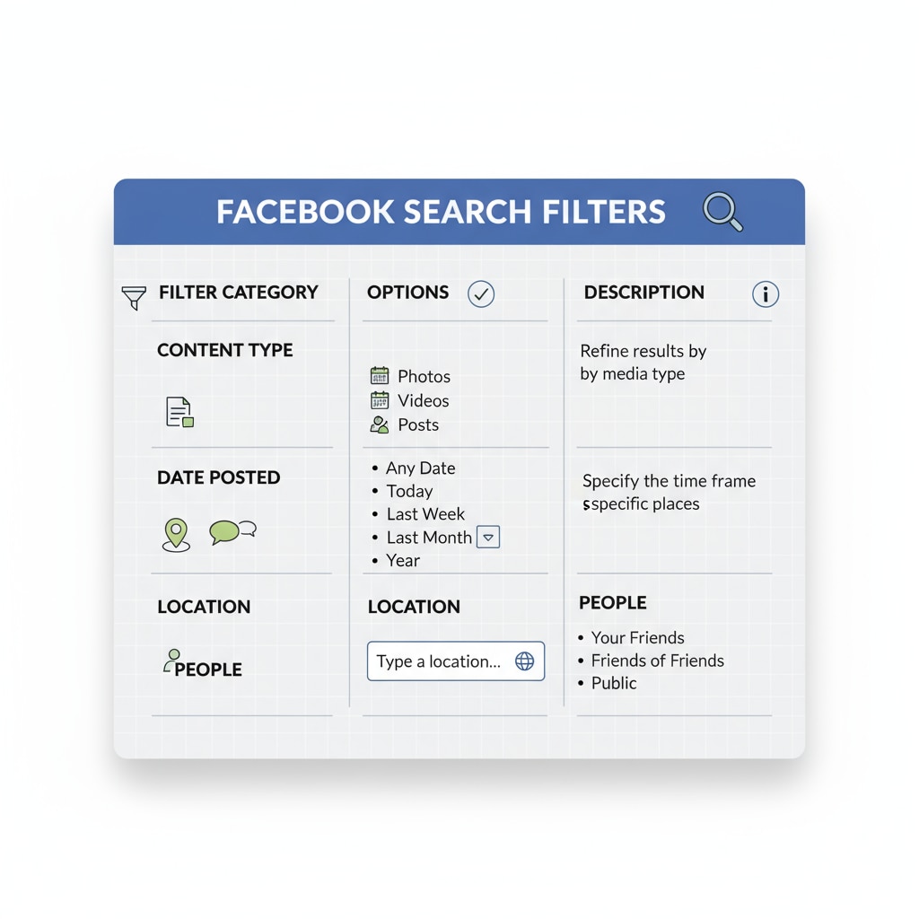 一张图表展示了Facebook上不同的搜索过滤器选项,如按内容类型、日期等过滤。 Diagram of Facebook search filters for finding historical chart resources