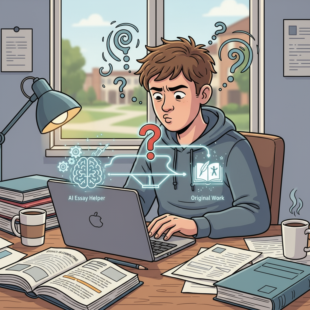 An individual student in a study environment, visibly conflicted while looking at an AI tool on their laptop, highlighting the moral struggle. A student experiencing moral conflict between using ChatGPT and maintaining academic integrity
