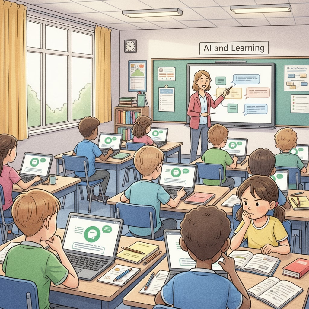 A group of K12 students sitting in a classroom, some looking at laptops with ChatGPT open, with a thoughtful expression on their faces K12 students facing moral dilemmas with ChatGPT use in the classroom