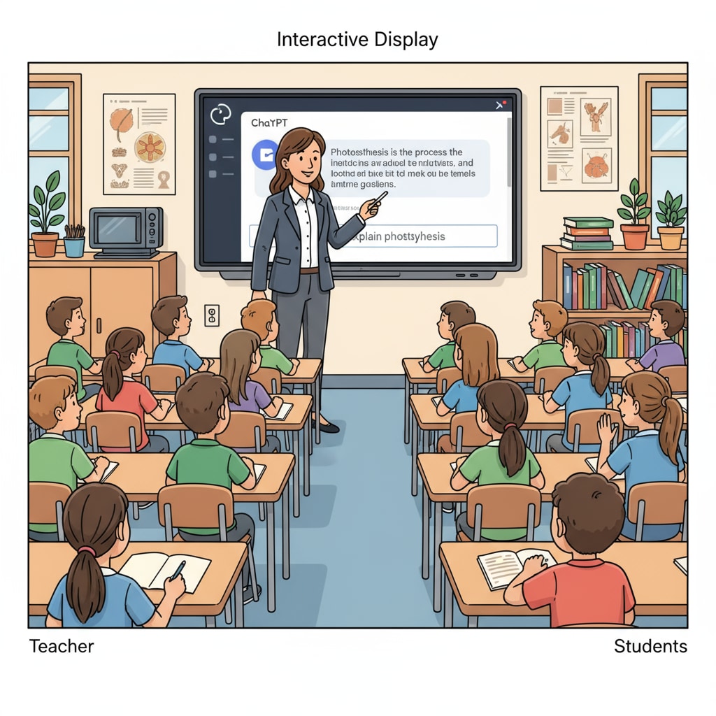 A teacher standing in front of a classroom, pointing at a screen showing ChatGPT's interface, with students looking intrigued Teacher introducing ChatGPT to K12 students, highlighting potential moral dilemmas