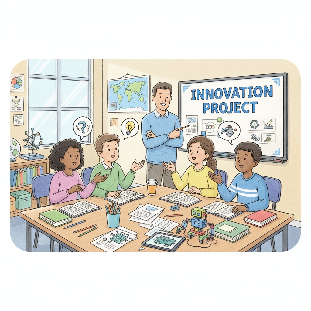 A classroom scene where students are collaborating on a project while a teacher observes. There are books and papers on the desks, and the students are engaged in discussion. Classroom scene representing the practical application of school statistics, PISA, and education data for improving classroom dynamics