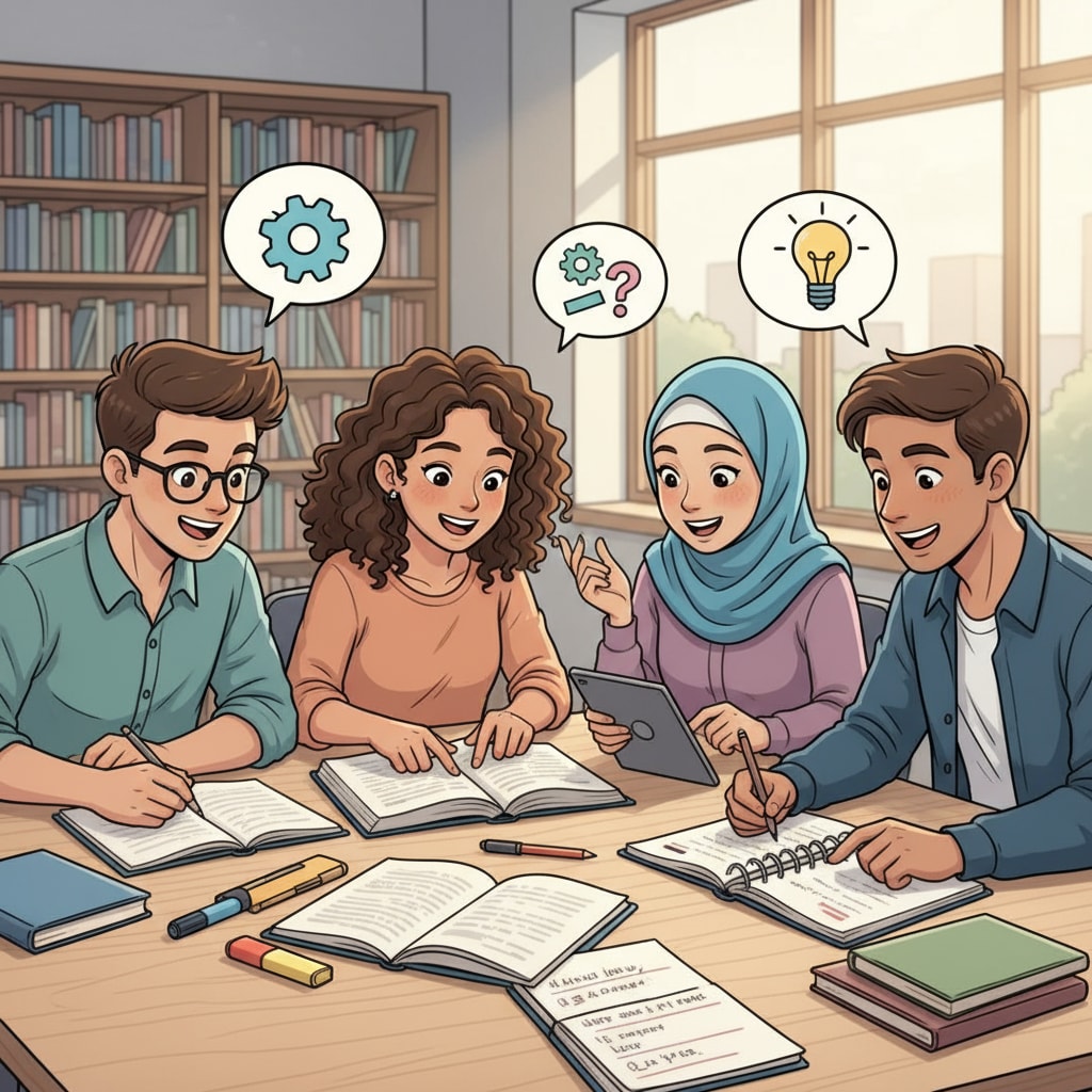 A group of students studying together with books and notebooks, showing positive learning attitudes Students engaged in positive learning with learning methods for 90% scores and learning assurance