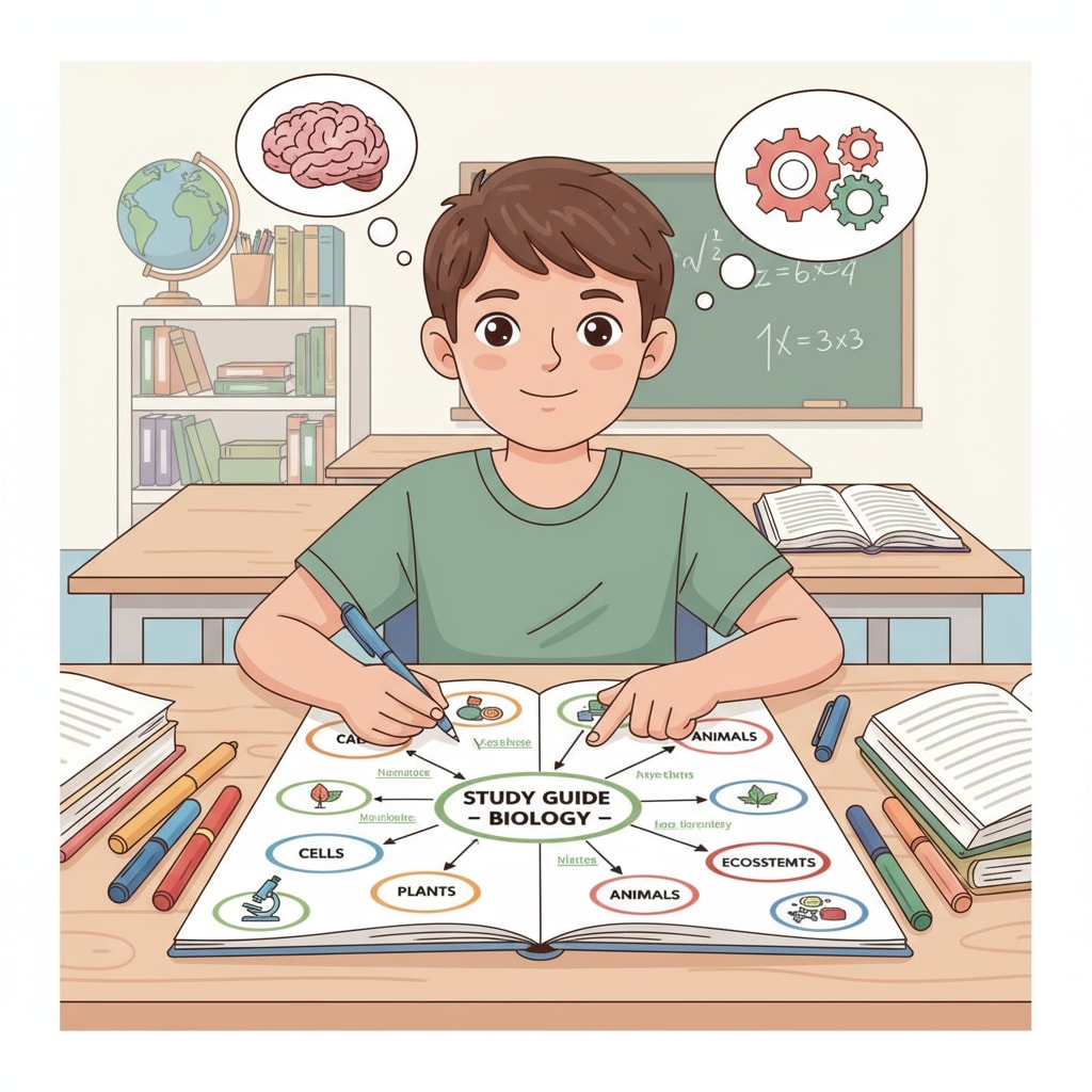A student sitting at a desk, using a mind map to organize study materials Student using mind map as part of learning methods for achieving 90% scores and ensuring learning assurance