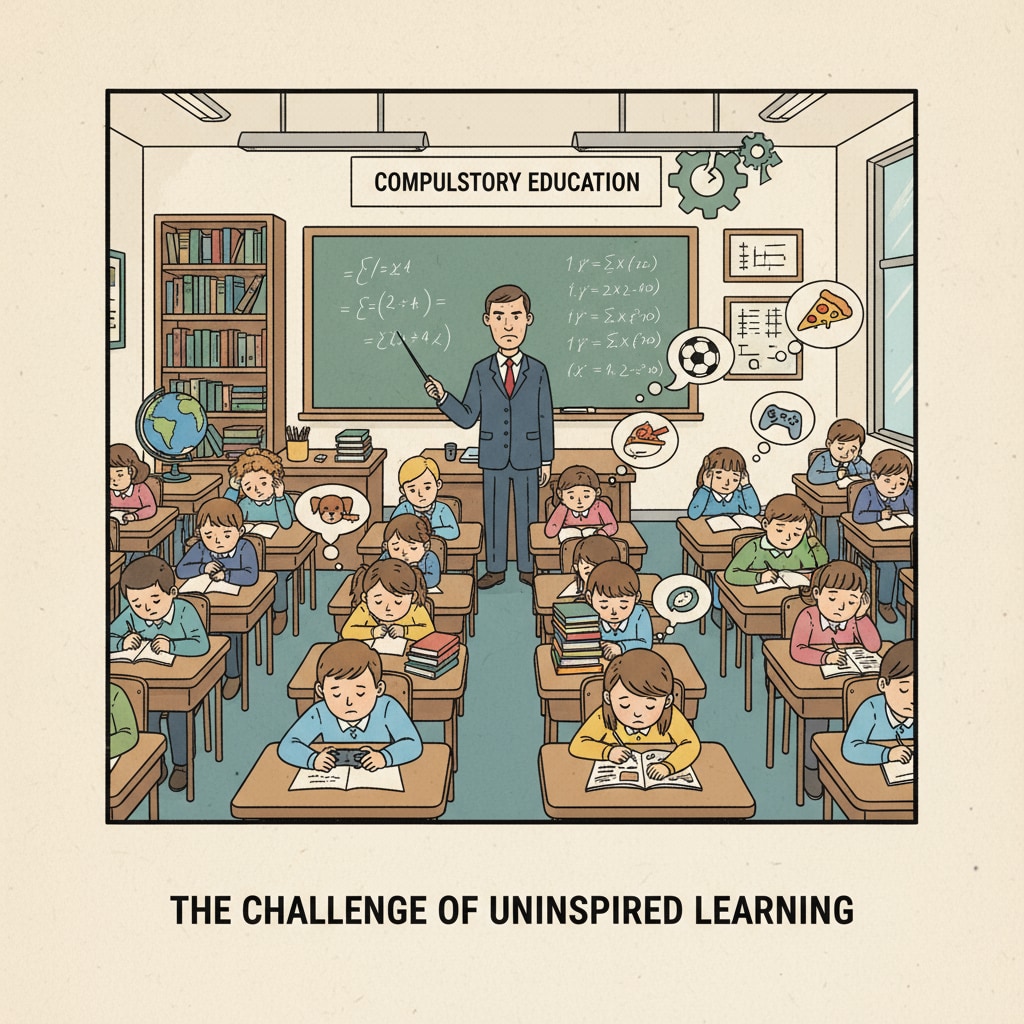 A classroom scene where students seem disengaged, representing the ineffectiveness of compulsory learning Disengaged students in a classroom due to compulsory learning in the school system