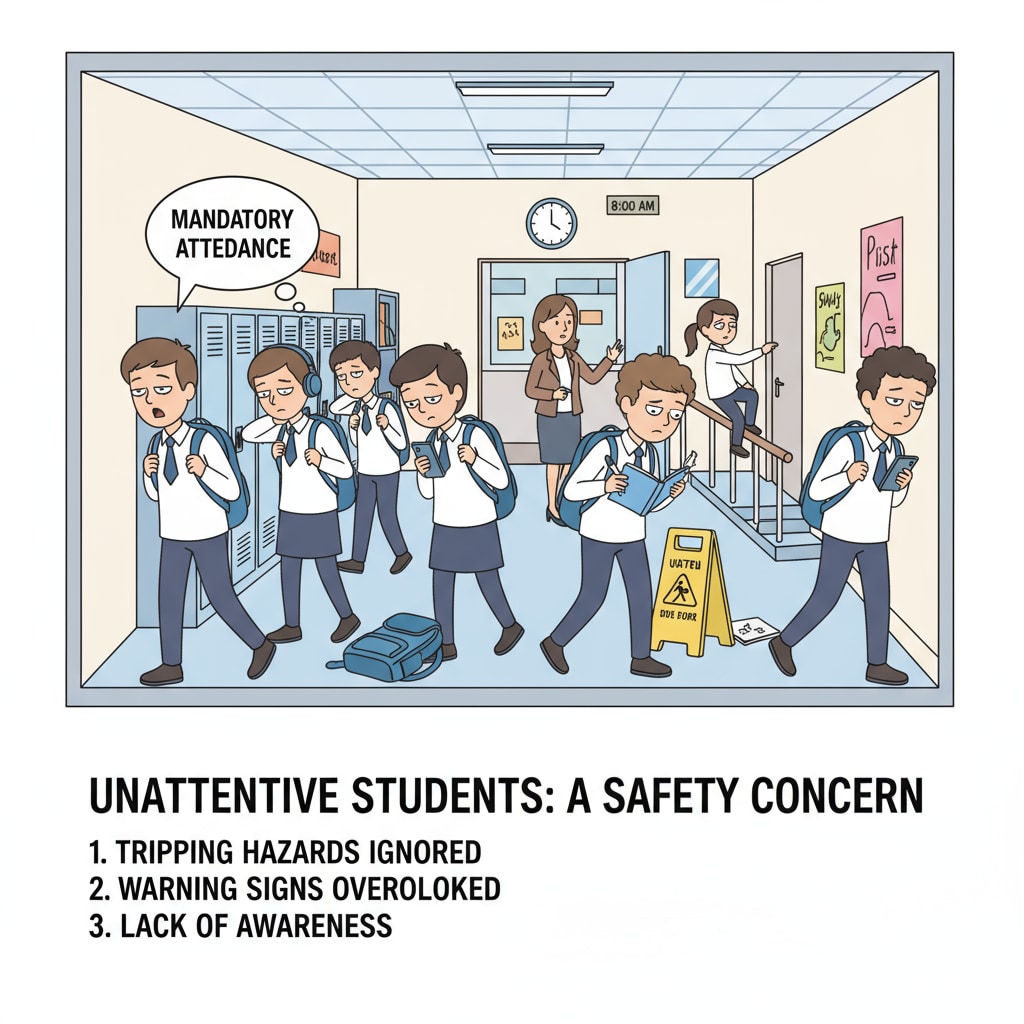A school corridor with students looking disinterested, highlighting the potential for safety issues due to compulsory education Disinterested students in a school corridor showing safety concerns related to compulsory education in the school system