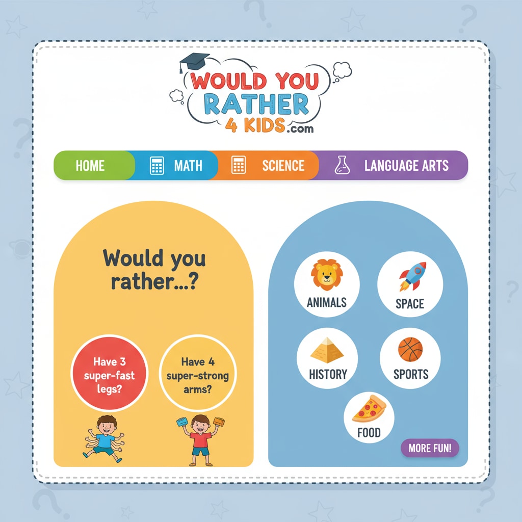 The screenshot displays the colorful interface of wouldyourather4kids.com, with different tabs showing various question categories such as math, science, and language arts. Screenshot of the wouldyourather4kids.com website offering teaching resources for
