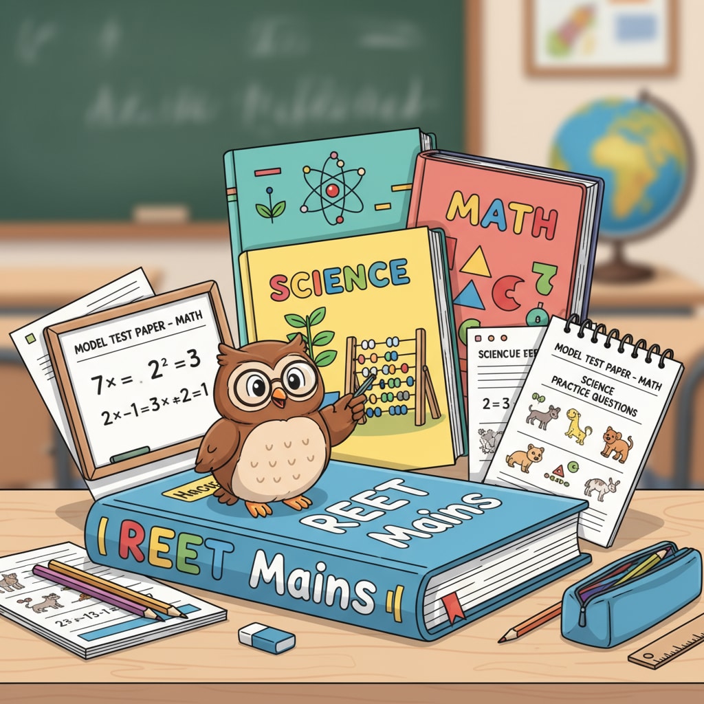 A collection of study materials including textbooks and practice papers for REET Mains science and math for Grade 3 Study materials for REET Mains science and math in Grade 3