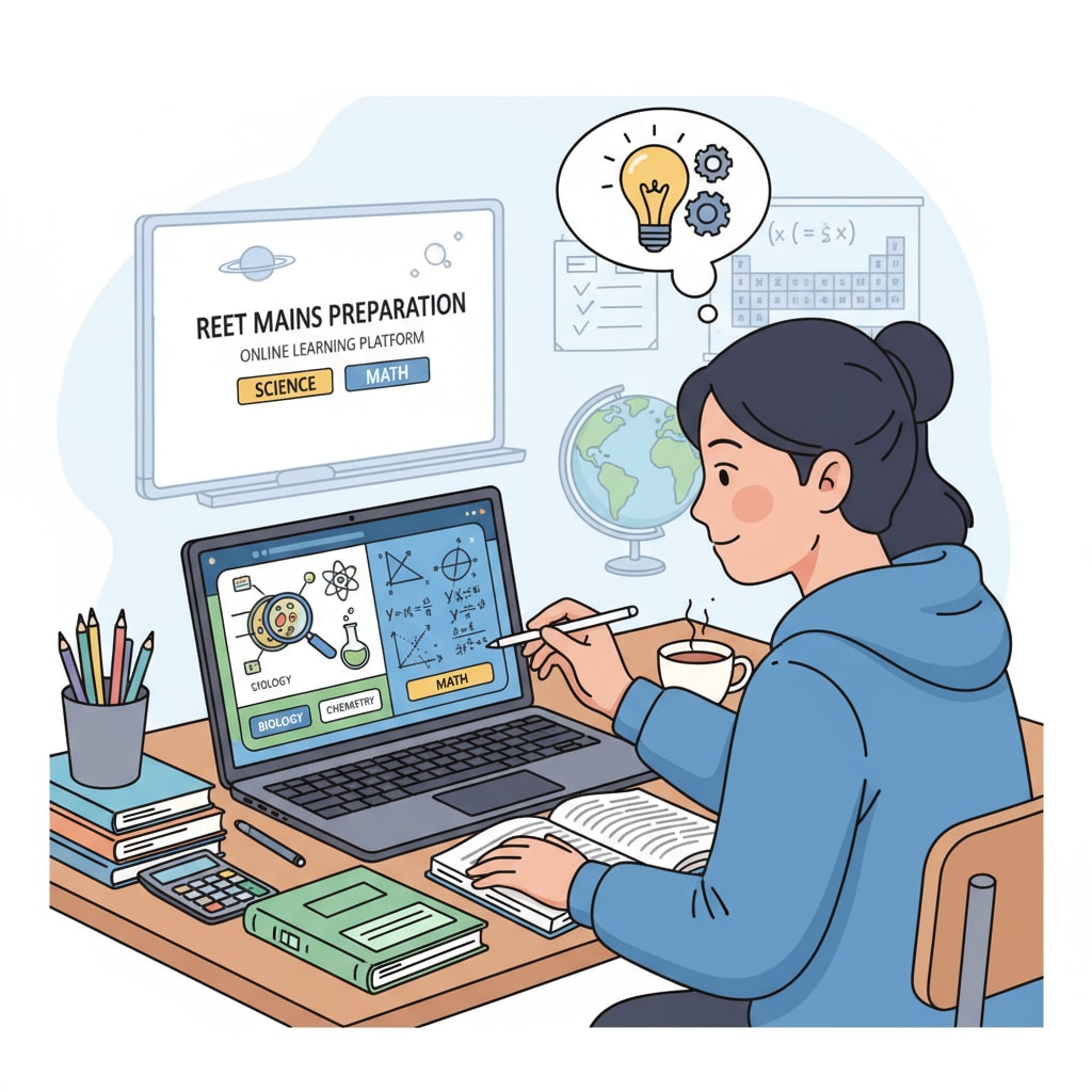 A student studying science and math using an online platform for REET Mains preparation Student using online platform for REET Mains science and math preparation