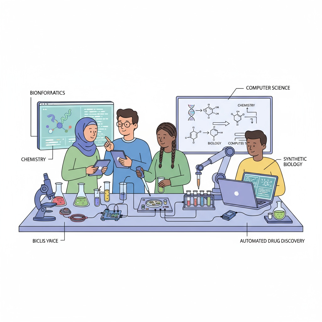 A group of students in a chemistry lab, discussing and conducting experiments related to the intersection of chemistry, biology, and computer science Students exploring career in chemistry, degree choices, and research interests in a lab
