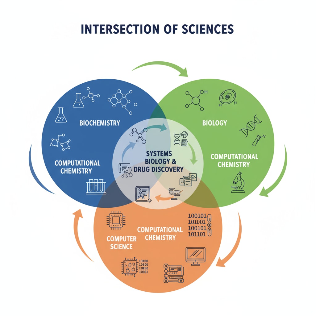 A diagram showing the intersection of chemistry, biology, and computer science, with arrows indicating the flow of knowledge and collaboration Diagram representing the relationship between career in chemistry, degree choices, and research interests in an interdisciplinary context