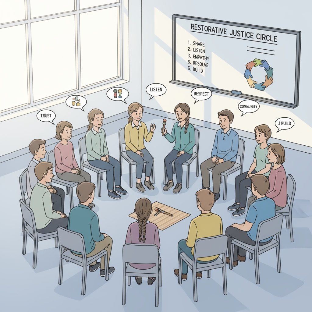 A group of students and teachers are sitting in a circle, engaged in a discussion. This represents a restorative justice circle where they are working towards resolving an issue and building relationships. Students and teachers in a restorative justice circle discussion related to restorative discipline practices, parental expectations, and school management