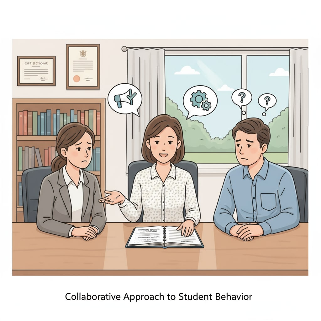 A teacher and two parents are sitting around a table, having a friendly and serious conversation. They are likely discussing a student's behavior and how to handle it in line with the school's discipline policies. Teacher and parents having a conversation about school discipline in the context of restorative discipline practices, parental expectations, and school management