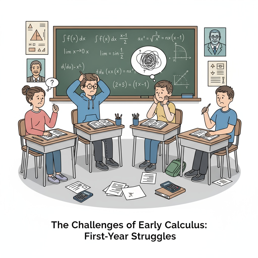 A group of high school freshmen are sitting in a math class, looking confused and lost. Some are scratching their heads, while others are looking blankly at the blackboard. This reflects the pressure they may feel when facing high expectations in high school education, especially regarding calculus. High school freshmen showing signs of confusion in a math class due to parental expectations of calculus knowledge
