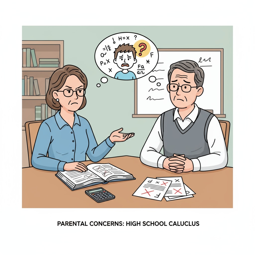 Two parents are sitting at a table, looking worried and discussing their child's high school studies. One parent is frowning, while the other is shaking their head. This shows the anxiety parents have about their child's academic performance in high school, especially in relation to calculus. Parents expressing anxiety while discussing their child's high school education and calculus learning